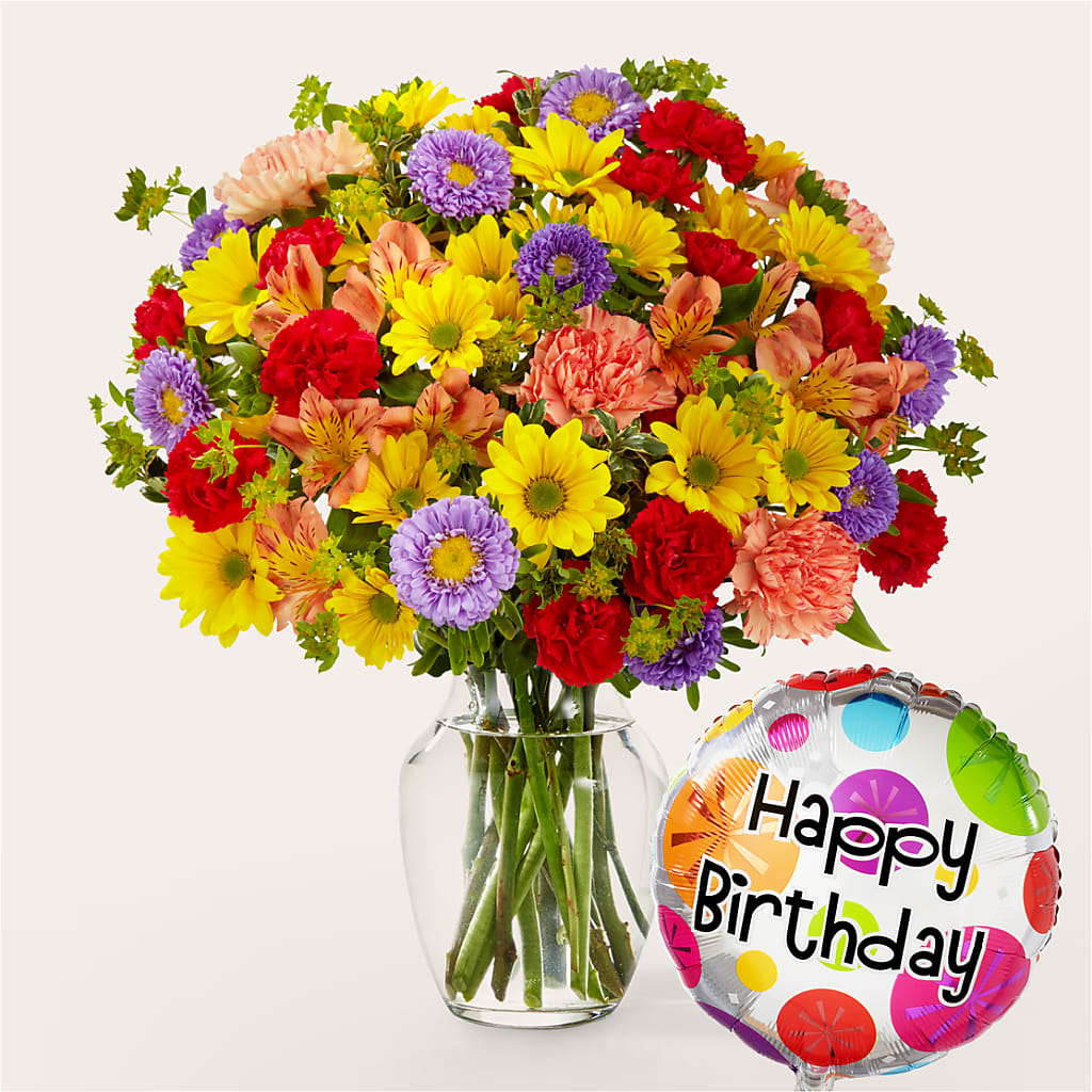 Kaleidoscope Bouquet with Birthday Balloon – Lakeside Florist, Battle Creek MI