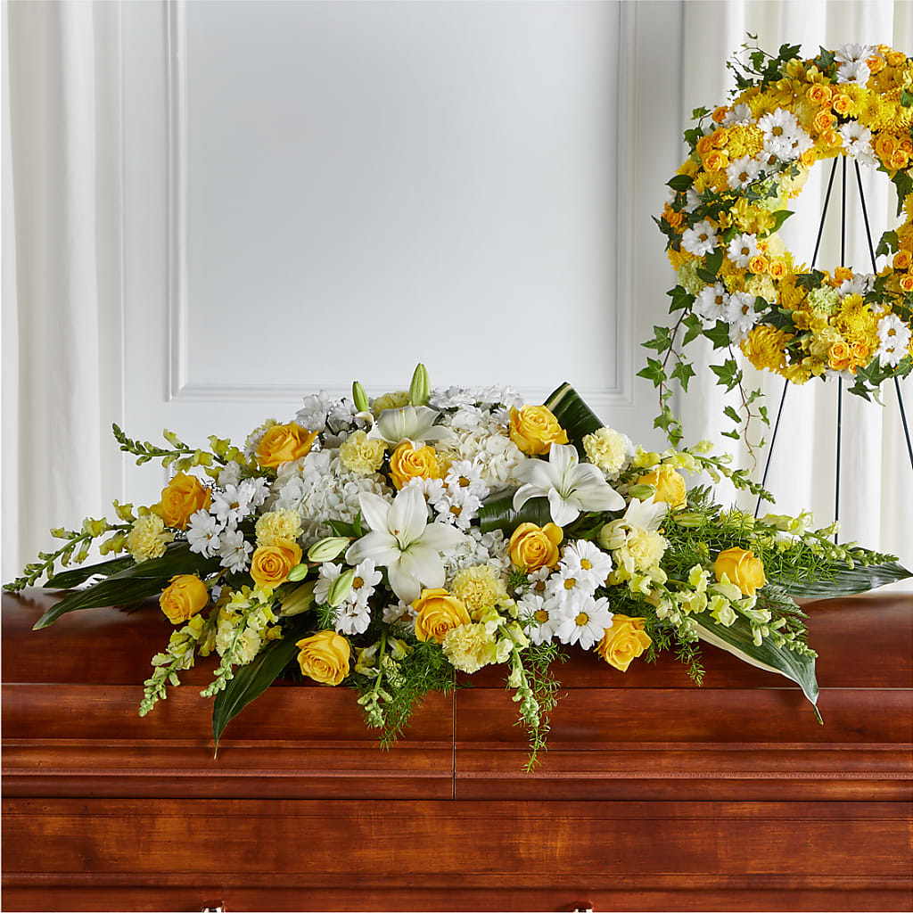 Golden Harmony Casket Spray – Lakeside Florist, Battle Creek MI