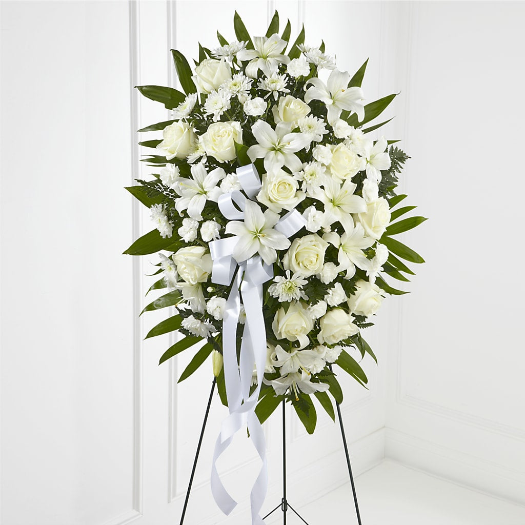 Exquisite Tribute Standing Spray-White Ribbon – Lakeside Florist, Battle Creek MI