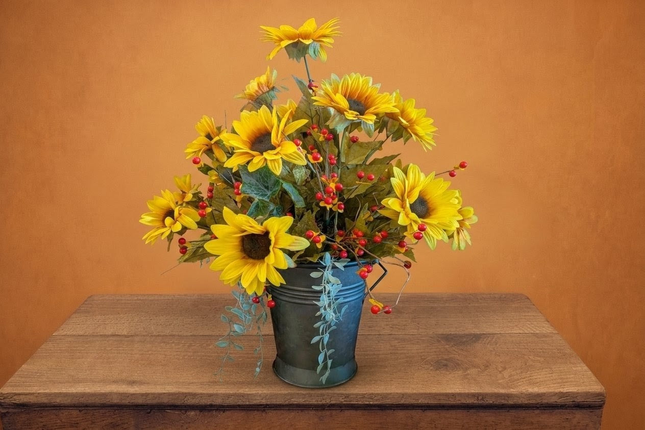 Rustic Sunflower Bucket Arrangement –  Lakeside Florist, Battle Creek MI