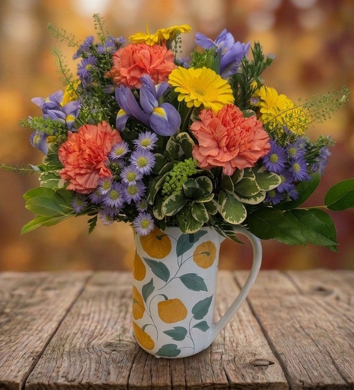 Pumpkin Pitcher Arrangement –  Lakeside Florist, Battle Creek MI